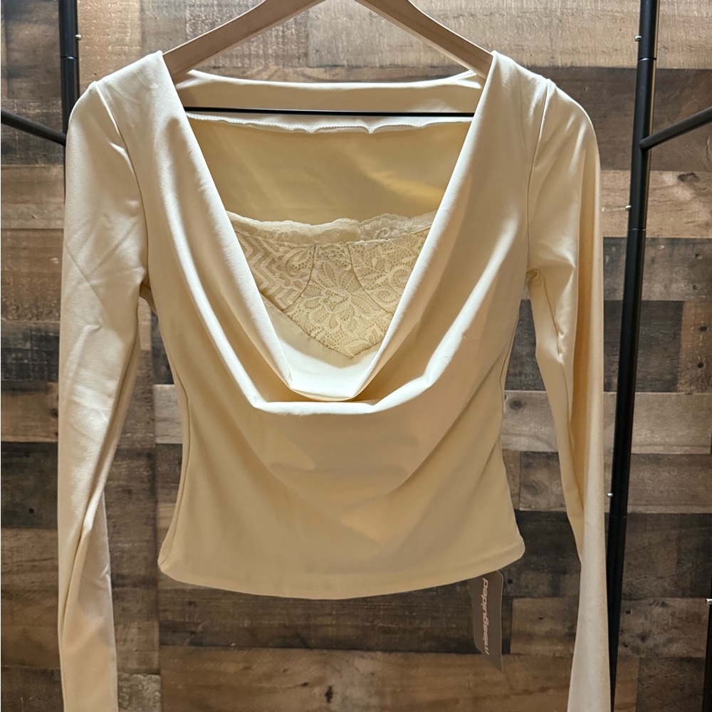 Missguided Cream Lace Inset Cowl Neck Long Sleeve Top